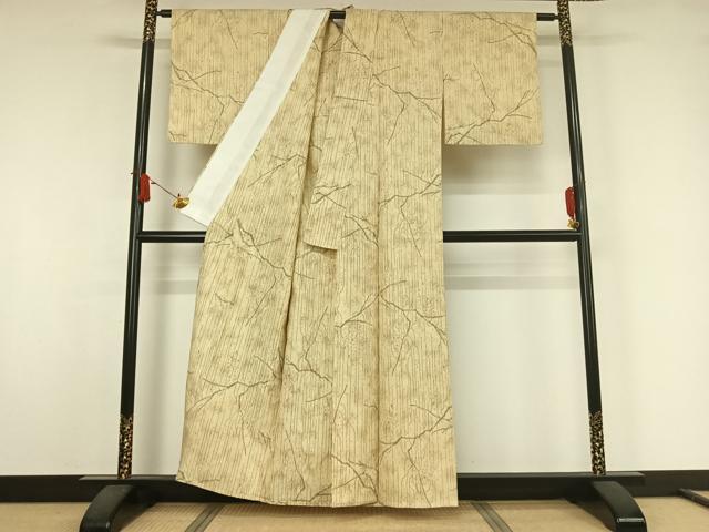 平和屋着物▽上質な紬　単衣　枝葉文　正絹　逸品　AABJ9661jh