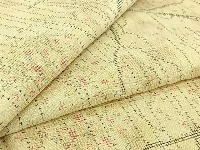 平和屋着物▽上質な紬　単衣　枝葉文　正絹　逸品　AABJ9661jh
