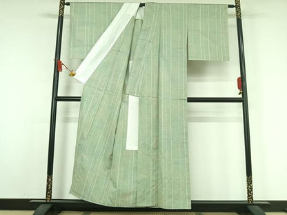 平和屋着物▽上質な紬　単衣　縞　正絹　逸品　AABJ9662jh
