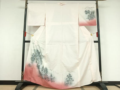 平和屋着物▽訪問着　単衣　紬地　手描き　風景文　暈し染め　正絹　逸品　AABJ9663jh