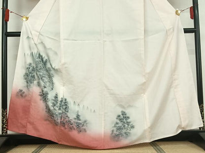 平和屋着物▽訪問着　単衣　紬地　手描き　風景文　暈し染め　正絹　逸品　AABJ9663jh