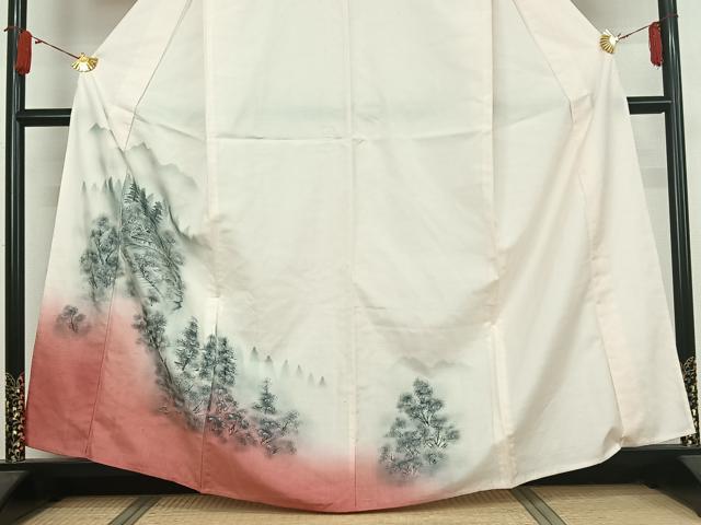 平和屋着物▽訪問着　単衣　紬地　手描き　風景文　暈し染め　正絹　逸品　AABJ9663jh
