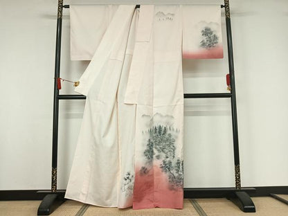 平和屋着物▽訪問着　単衣　紬地　手描き　風景文　暈し染め　正絹　逸品　AABJ9663jh