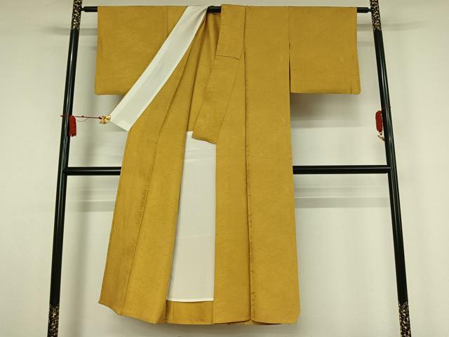 平和屋着物▽上質な色無地　単衣　樹林地紋　芥子色　正絹　逸品　AABJ9666jh