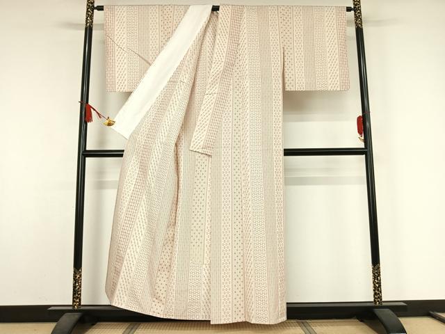平和屋着物▽薩摩結城　単衣　幾何学間道　正絹　逸品　AABJ9668jh