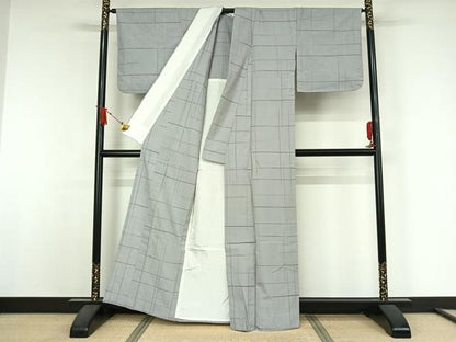 平和屋着物▽上質な紬　単衣　格子　正絹　逸品　AABJ9669jh