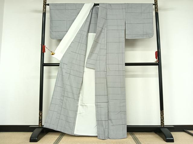 平和屋着物▽上質な紬　単衣　格子　正絹　逸品　AABJ9669jh