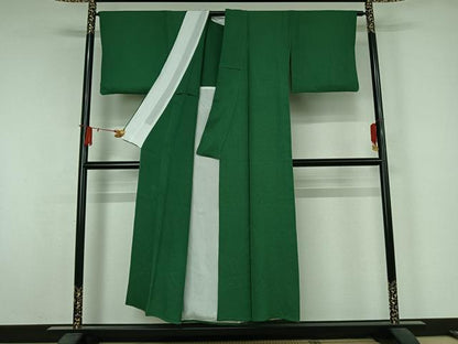 平和屋着物▽京加賀友禅　百貫達雄　色無地　単衣　常盤色　正絹　逸品　AABJ9672jh