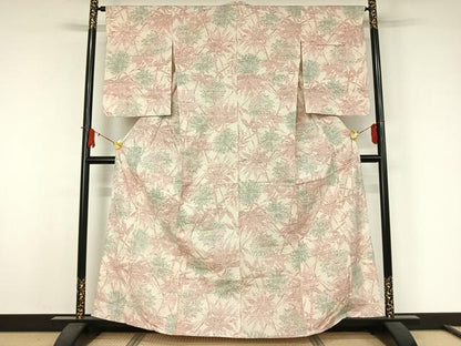 平和屋着物▽上質な紬　単衣　草葉文　正絹　逸品　AABJ9678jh