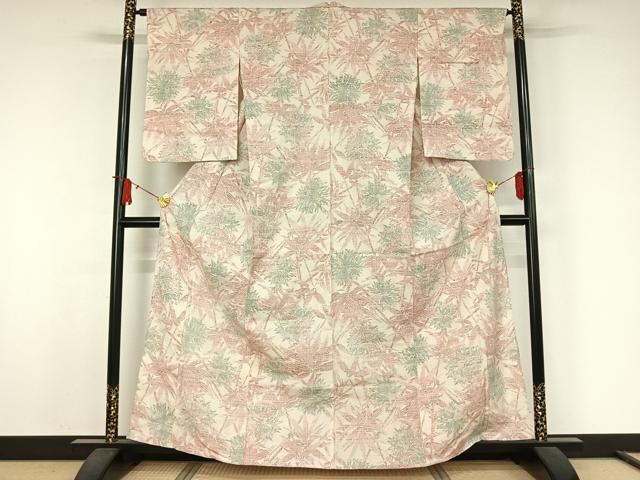 平和屋着物▽上質な紬　単衣　草葉文　正絹　逸品　AABJ9678jh