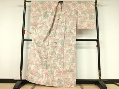 平和屋着物▽上質な紬　単衣　草葉文　正絹　逸品　AABJ9678jh