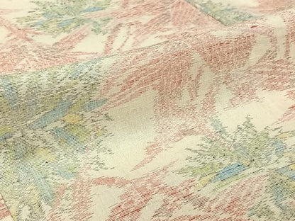 平和屋着物▽上質な紬　単衣　草葉文　正絹　逸品　AABJ9678jh
