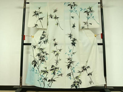平和屋着物▽訪問着　単衣　手描き　枝葉文　暈し染め　金銀彩　洗える着物　AABJ9681jh