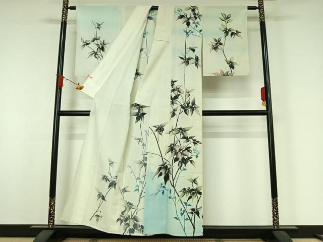 平和屋着物▽訪問着　単衣　手描き　枝葉文　暈し染め　金銀彩　洗える着物　AABJ9681jh