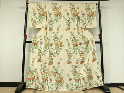 平和屋着物▽上質な小紋　単衣　花蝶文　金彩　正絹　逸品　AABJ9682jh