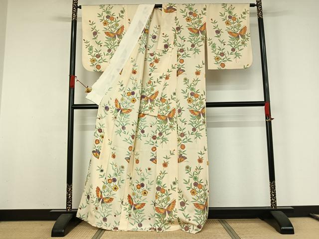 平和屋着物▽上質な小紋　単衣　花蝶文　金彩　正絹　逸品　AABJ9682jh