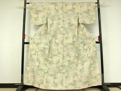 平和屋着物▽上質な紬　単衣　色紙重ね花文　正絹　逸品　AABJ9683jh