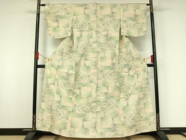 平和屋着物▽上質な紬　単衣　色紙重ね花文　正絹　逸品　AABJ9683jh