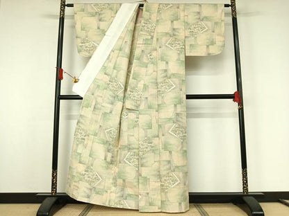 平和屋着物▽上質な紬　単衣　色紙重ね花文　正絹　逸品　AABJ9683jh