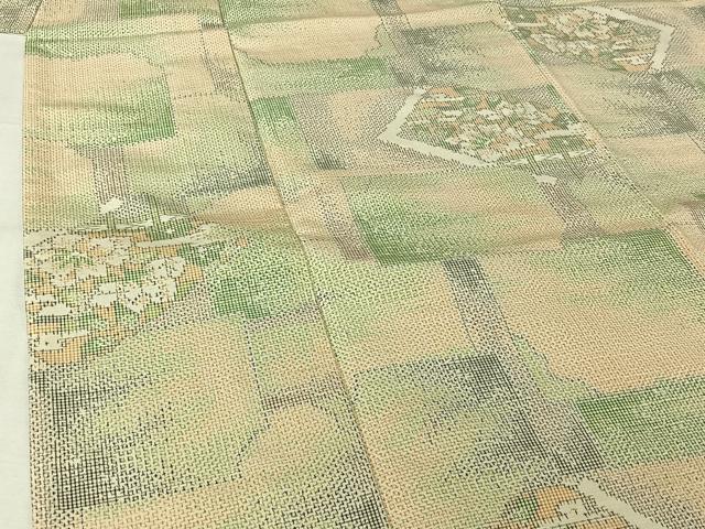 平和屋着物▽上質な紬　単衣　色紙重ね花文　正絹　逸品　AABJ9683jh