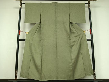 平和屋着物▽上質な色無地　単衣　草花地紋　山葵色　正絹　逸品　AABJ9685jh