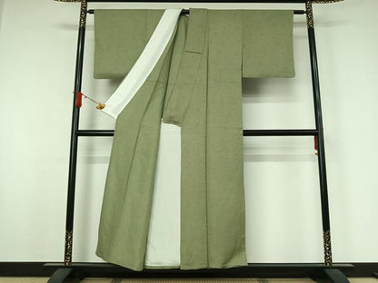 平和屋着物▽上質な色無地　単衣　草花地紋　山葵色　正絹　逸品　AABJ9685jh