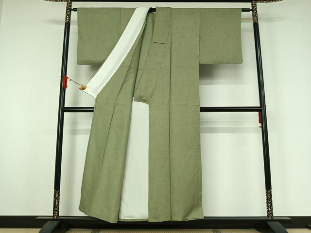 平和屋着物▽上質な色無地　単衣　草花地紋　山葵色　正絹　逸品　AABJ9685jh