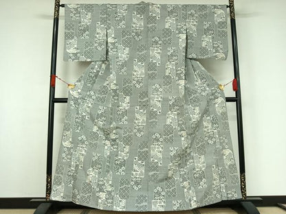 平和屋着物▽上質な紬　単衣　流水花籬文　正絹　逸品　AABJ9688jh