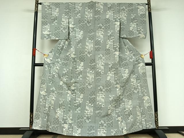 平和屋着物▽上質な紬　単衣　流水花籬文　正絹　逸品　AABJ9688jh