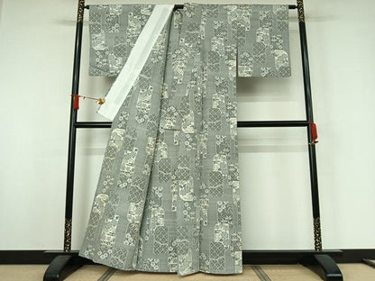 平和屋着物▽上質な紬　単衣　流水花籬文　正絹　逸品　AABJ9688jh