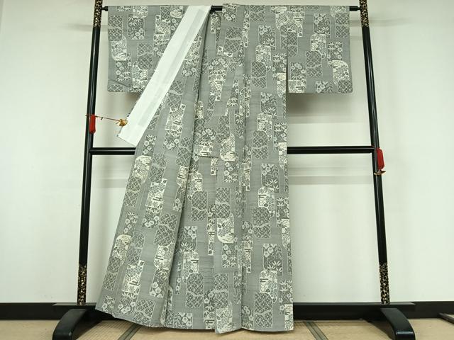 平和屋着物▽上質な紬　単衣　流水花籬文　正絹　逸品　AABJ9688jh