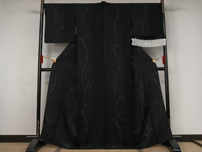 平和屋着物▽上質な小紋　単衣　唐草文　黒地　丹後ちりめん　反端付き　正絹　逸品　AABJ9689jh