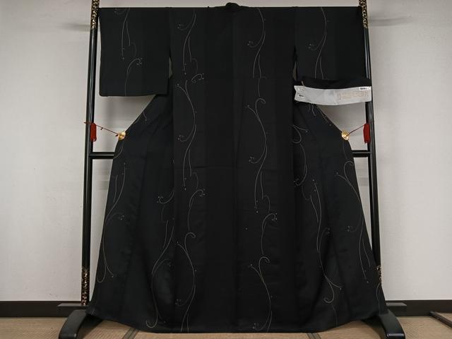 平和屋着物▽上質な小紋　単衣　唐草文　黒地　丹後ちりめん　反端付き　正絹　逸品　AABJ9689jh