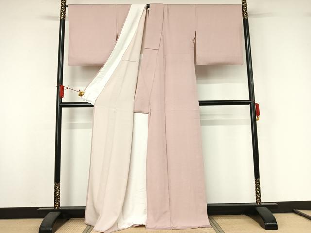 平和屋着物▽江戸小紋　単衣　万筋　浅蘇芳色×白色　浜ちりめん　反端付き　正絹　逸品　AABJ9691jh