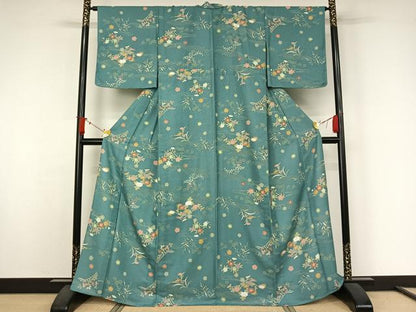 平和屋着物▽小紋　単衣　流水花文　洗える着物　AABJ9693jh