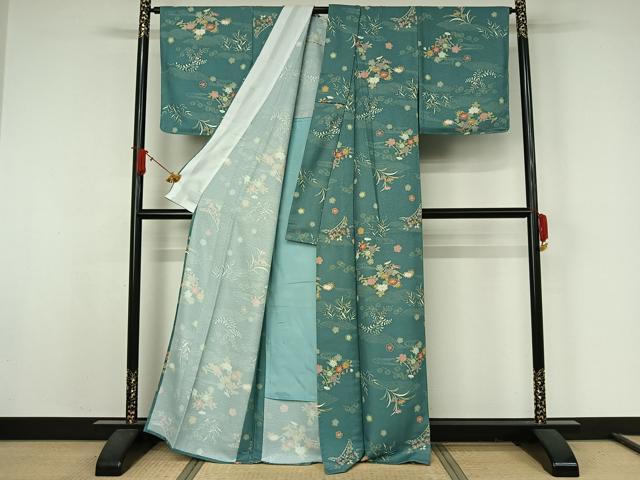 平和屋着物▽小紋　単衣　流水花文　洗える着物　AABJ9693jh