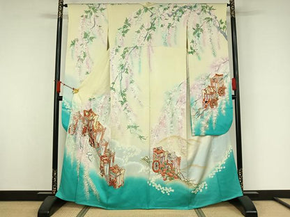平和屋着物▽豪華振袖　単衣　駒刺繍　御所車花文　暈し染め　金彩　正絹　逸品　AABJ9698jh