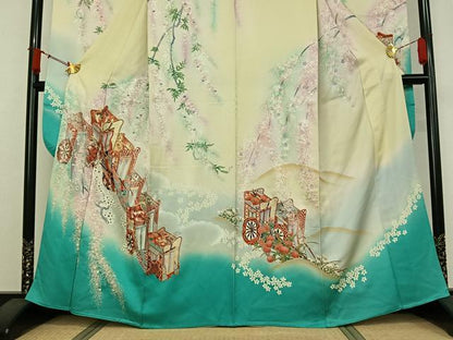 平和屋着物▽豪華振袖　単衣　駒刺繍　御所車花文　暈し染め　金彩　正絹　逸品　AABJ9698jh