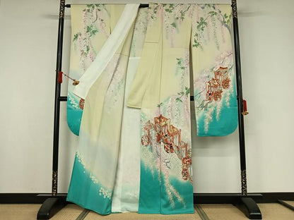 平和屋着物▽豪華振袖　単衣　駒刺繍　御所車花文　暈し染め　金彩　正絹　逸品　AABJ9698jh