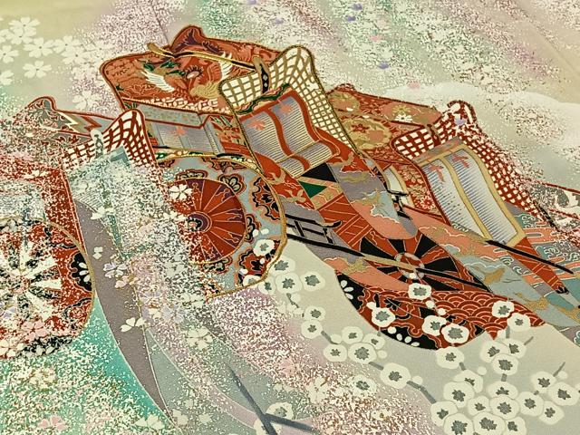 平和屋着物▽豪華振袖　単衣　駒刺繍　御所車花文　暈し染め　金彩　正絹　逸品　AABJ9698jh