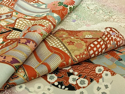 平和屋着物▽豪華振袖　単衣　駒刺繍　御所車花文　暈し染め　金彩　正絹　逸品　AABJ9698jh
