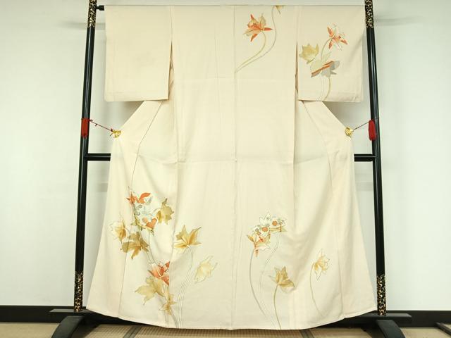 平和屋着物▽訪問着　単衣　草花文　金銀彩　正絹　逸品　AABJ9699jh