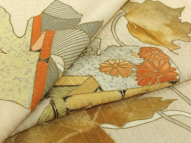 平和屋着物▽訪問着　単衣　草花文　金銀彩　正絹　逸品　AABJ9699jh