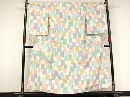 平和屋着物▽上質な紬　単衣　色紙重ね文　正絹　逸品　AABJ9700jh