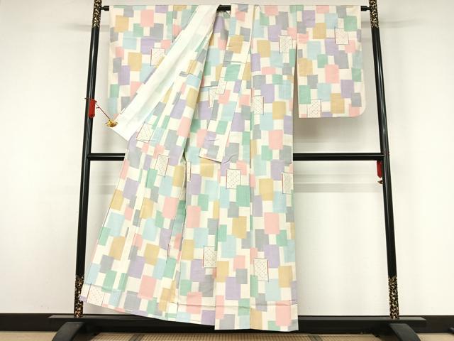 平和屋着物▽上質な紬　単衣　色紙重ね文　正絹　逸品　AABJ9700jh