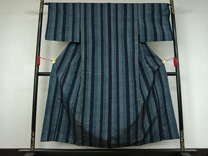 平和屋着物▽上質な紬　単衣　縞　正絹　逸品　AABJ9707jh