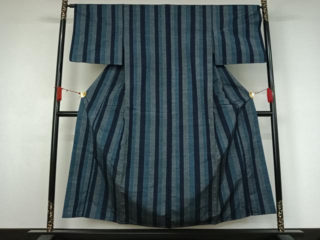 平和屋着物▽上質な紬　単衣　縞　正絹　逸品　AABJ9707jh