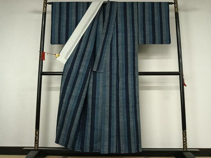 平和屋着物▽上質な紬　単衣　縞　正絹　逸品　AABJ9707jh