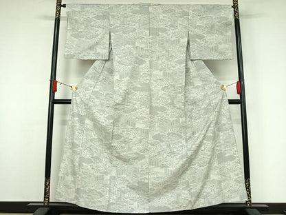 平和屋着物▽結城紬　単衣　100亀甲　流水風景文　正絹　逸品　AABJ9711jh
