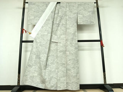 平和屋着物▽結城紬　単衣　100亀甲　流水風景文　正絹　逸品　AABJ9711jh
